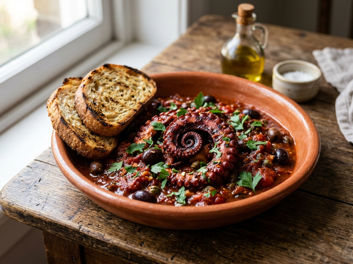 Polpo alla Luciana in a terracotta dish with Gaeta olives, capers, and tomato sauce, garnished with flat-leaf parsley.