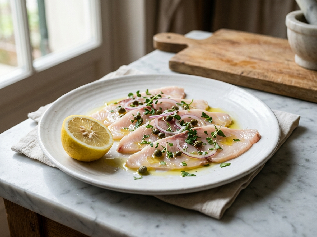 Carpaccio di pesce spada on a white plate with capers, red onion, parsley, and olive oil dressing on marble