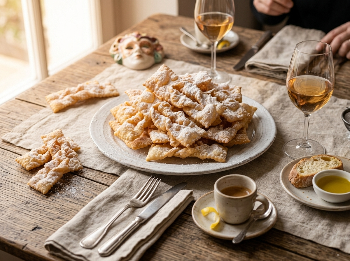 Platter of chiacchiere di Carnevale with powdered sugar, espresso cup, and Carnevale mask on a linen-covered table