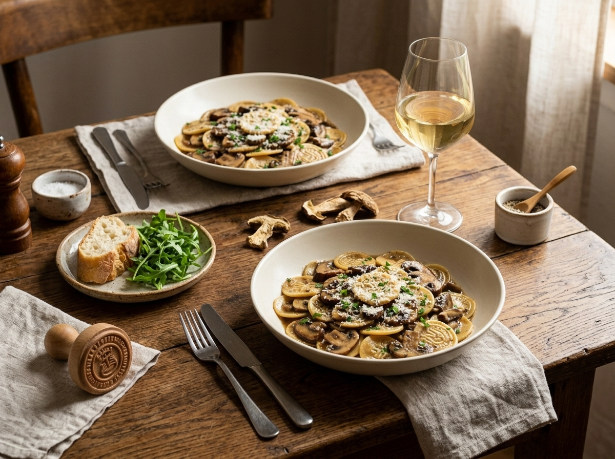 Two bowls of Ligurian corzetti with mushroom sauce served with a glass of white wine and a wooden pasta stamp