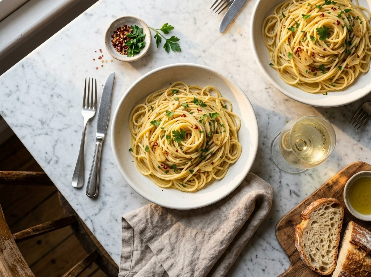 Two bowls of spaghetti con la colatura di alici on a linen-covered table with a glass of white wine and chili flakes