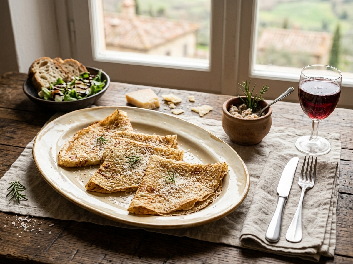 Plate of folded borlengo modenese with a glass of Lambrusco and extra Parmigiano on a farmhouse table