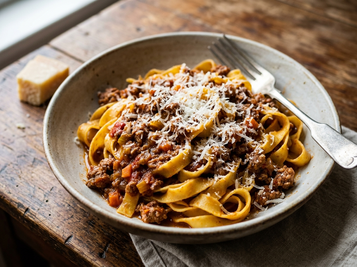 Tagliatelle al ragù bolognese in a shallow bowl with Parmigiano-Reggiano on a wooden table