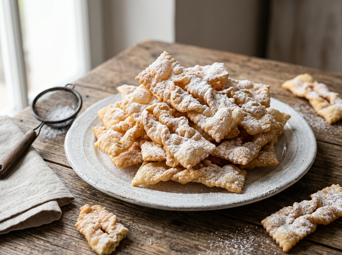 Chiacchiere di Carnevale piled on a ceramic plate, blistered golden ribbons dusted with powdered sugar on a wooden table