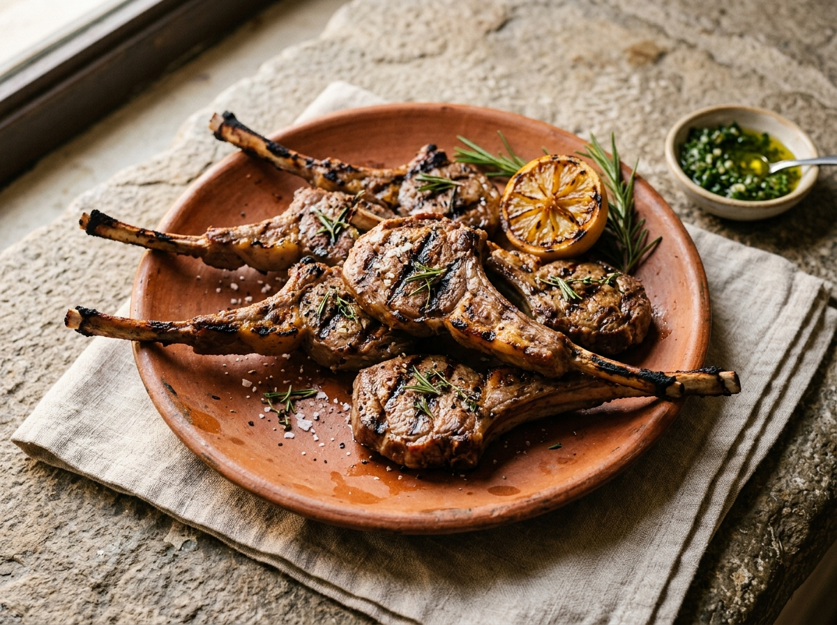 Six Roman abbacchio alla scottadito lamb chops with char marks and flaky salt on a terracotta plate with lemon