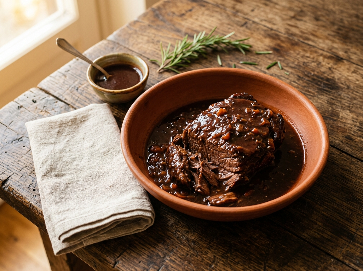 Stracotto di manzo al vino rosso served in a terracotta bowl with dark red wine braising sauce and fresh rosemary