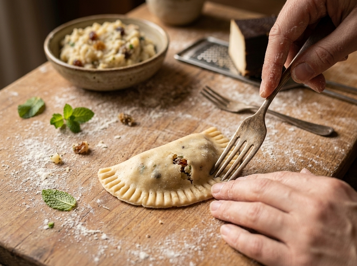 Hands sealing a cjarsons half-moon with a fork on a floured wooden board with ricotta-potato filling beside it
