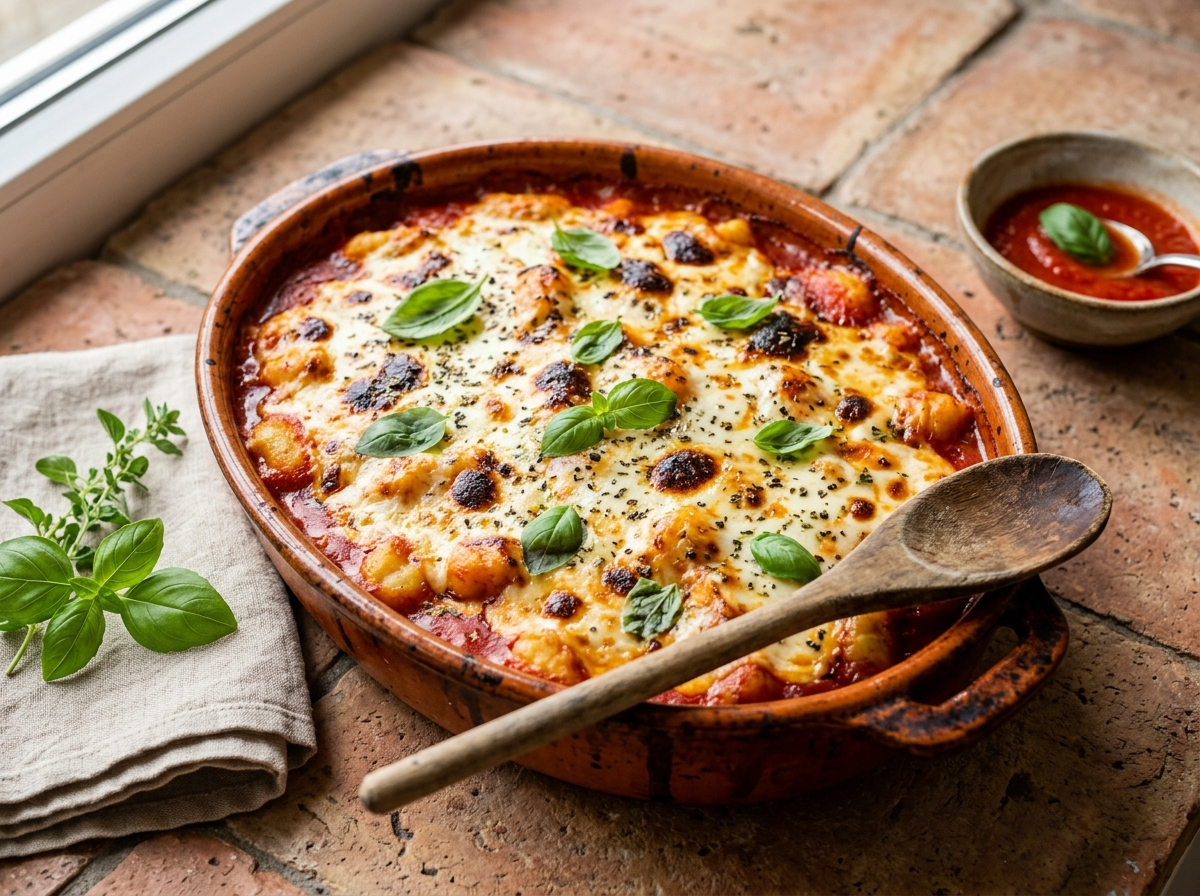 Baked gnocchi alla sorrentina in a ceramic dish with bubbling mozzarella, San Marzano tomato sauce, and fresh basil