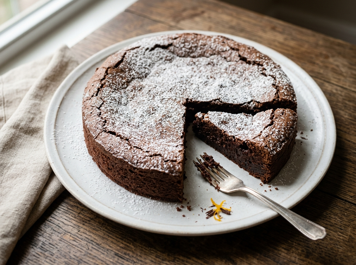 Torta tenerina on a white plate dusted with powdered sugar, one slice cut open showing a dense fudgy chocolate center