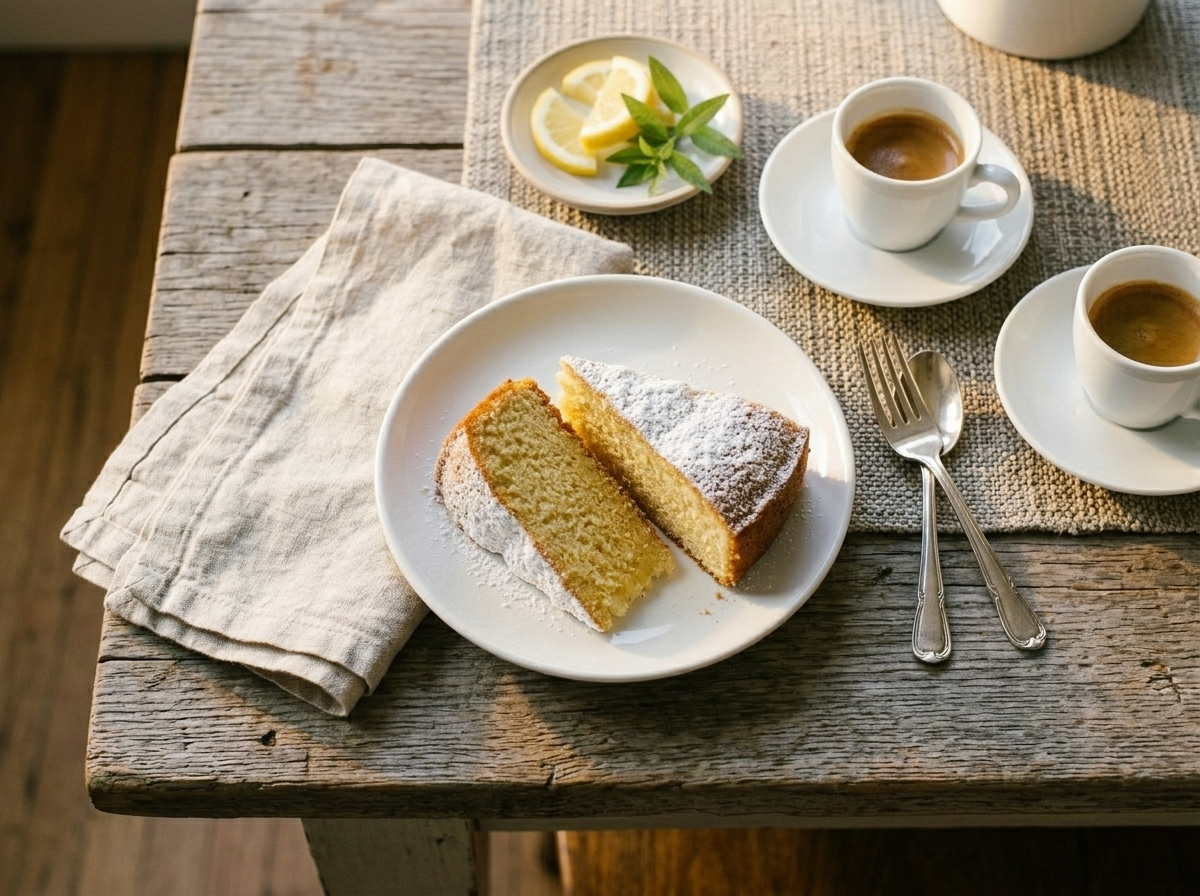 Two slices of torta paradiso on white plates beside espresso cups on a wooden table in morning light