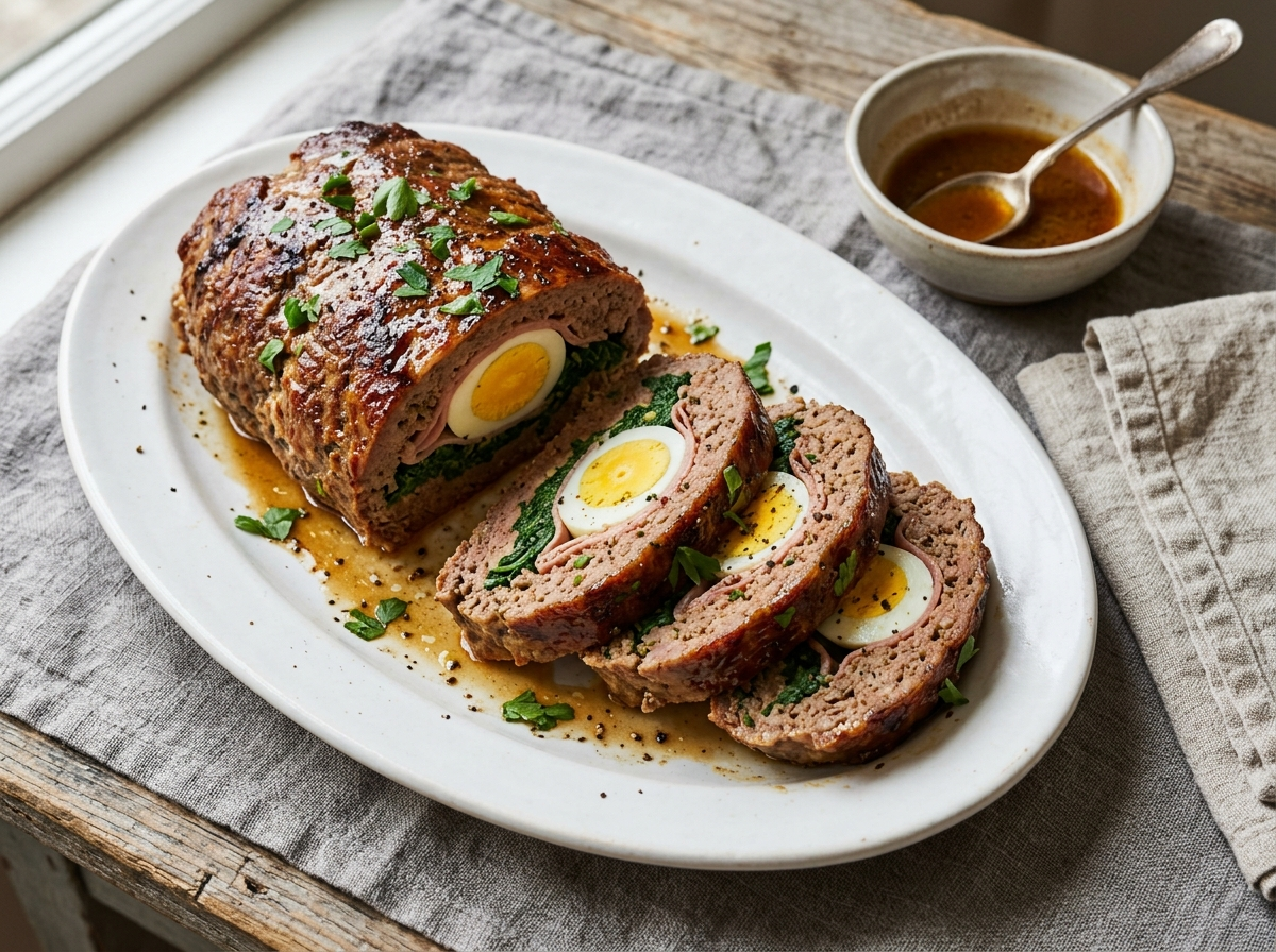 Sliced polpettone ripieno on a platter showing cross-sections of hard-boiled egg, spinach, and mortadella inside seared meatloaf