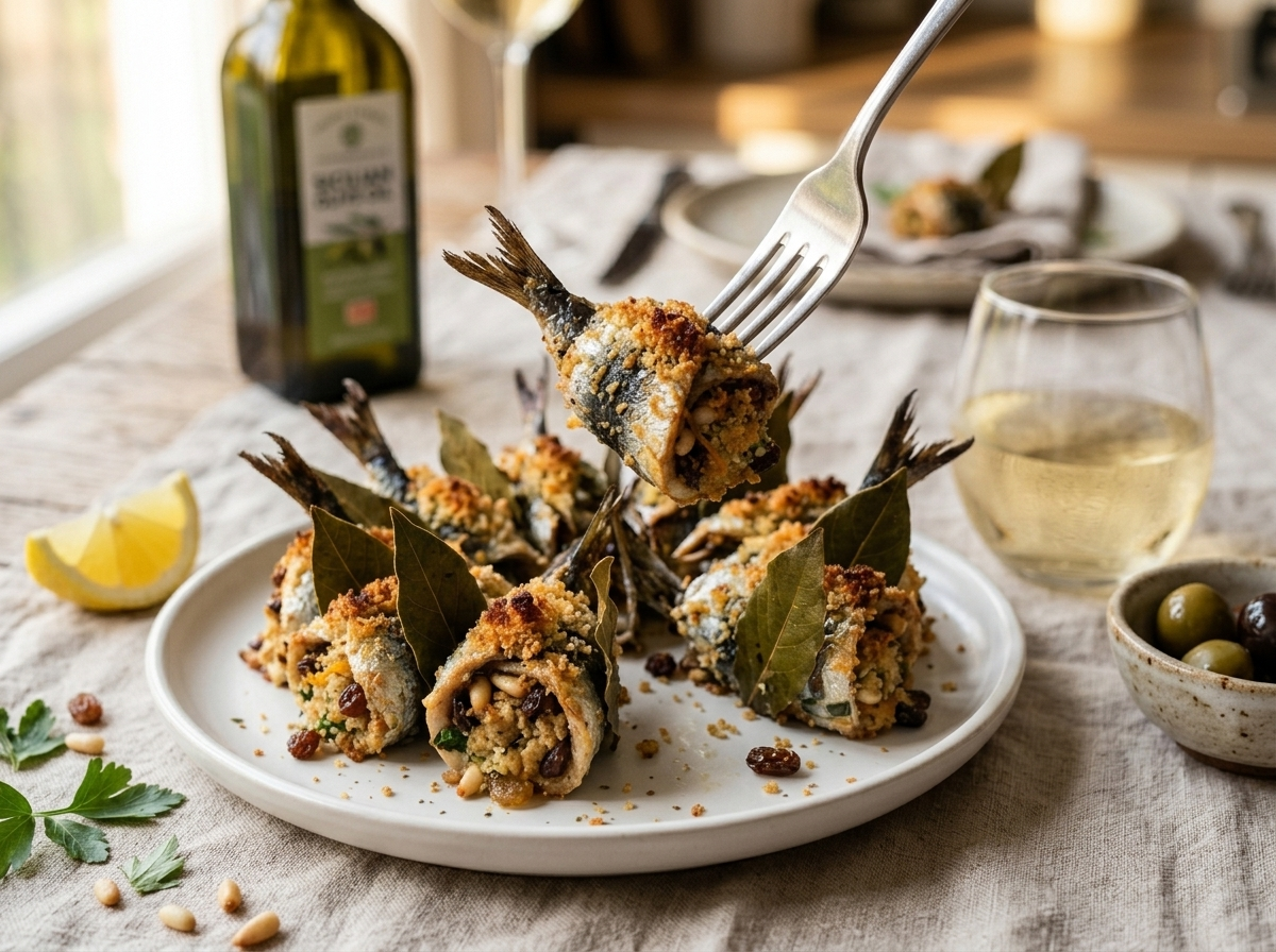 Plated sarde a beccafico with lemon wedge, olives, and a glass of white wine on a linen tablecloth