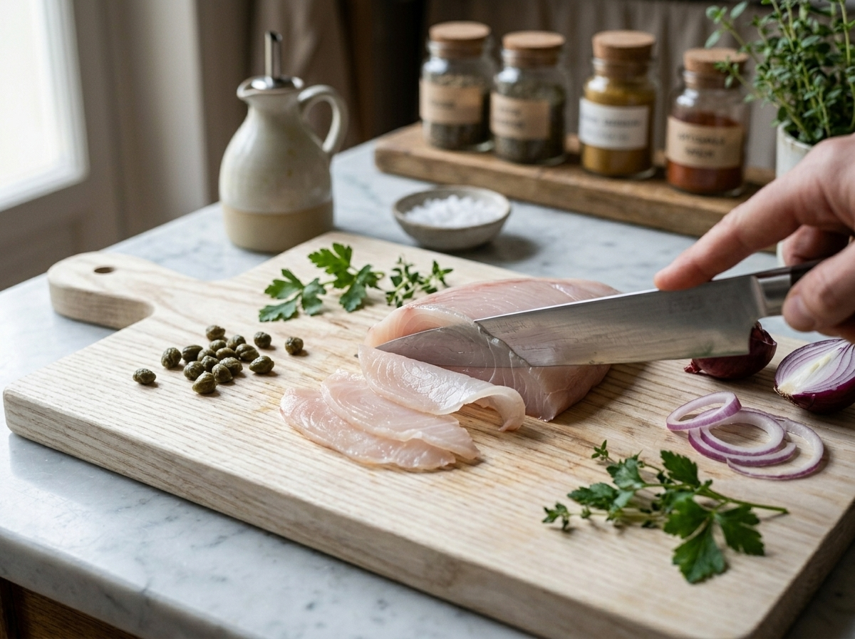 Slicing fresh swordfish paper-thin on a wooden board for carpaccio using a long sharp knife