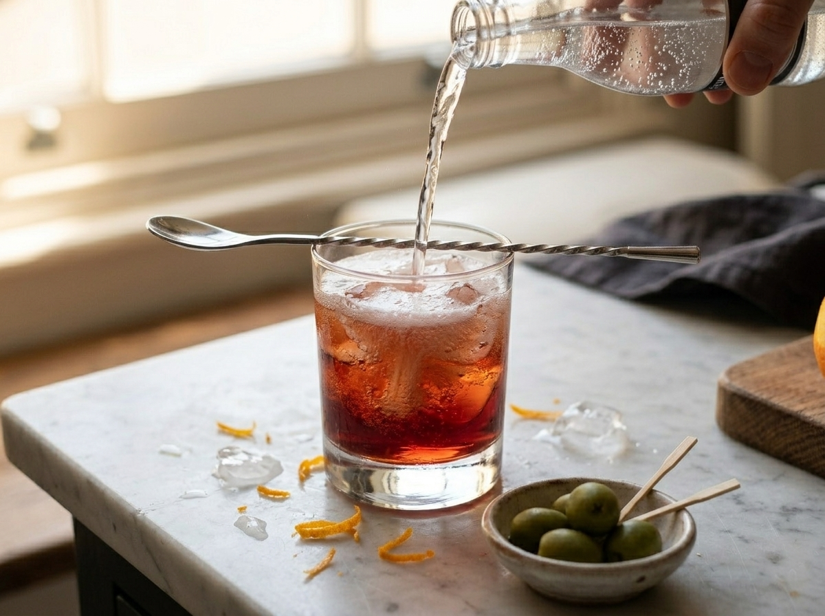 Soda water being poured into a glass of Campari and sweet vermouth over ice to make an Americano