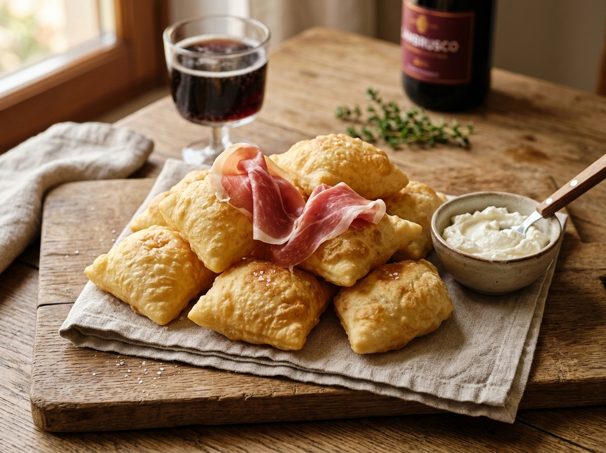 Golden blistered gnocco fritto piled on a wooden board with prosciutto and squacquerone cheese alongside