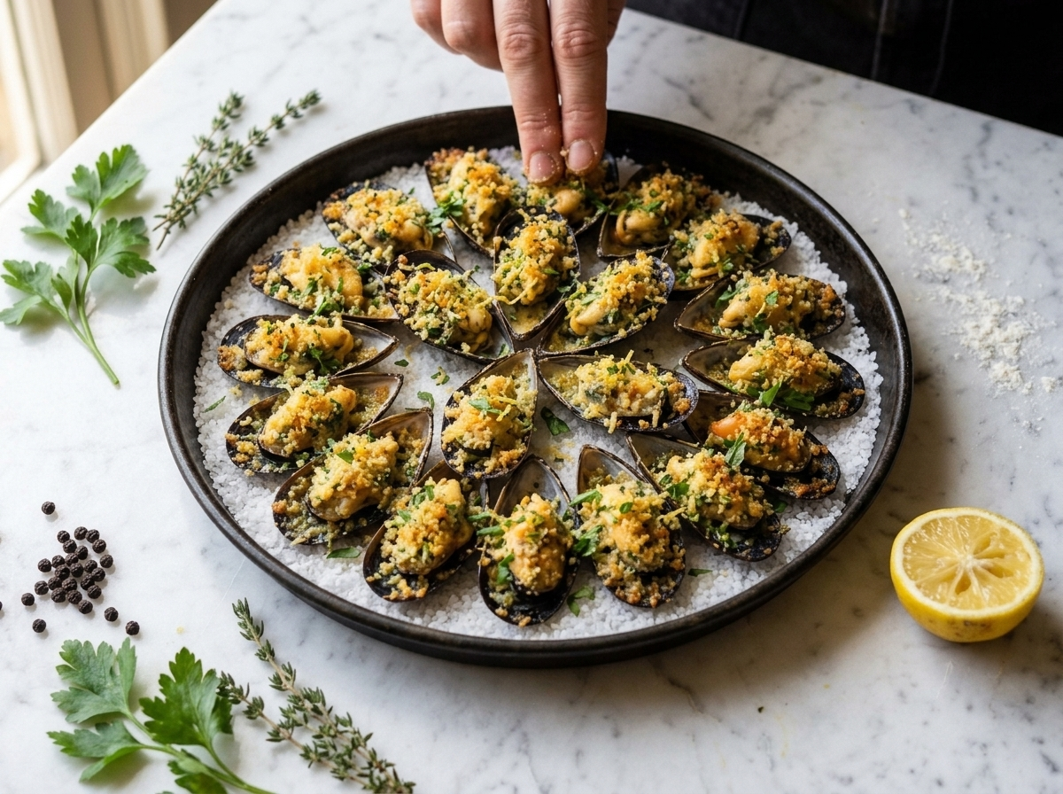 Pressing garlicky parsley breadcrumbs onto fresh mussels arranged on coarse sea salt in a sheet pan before baking