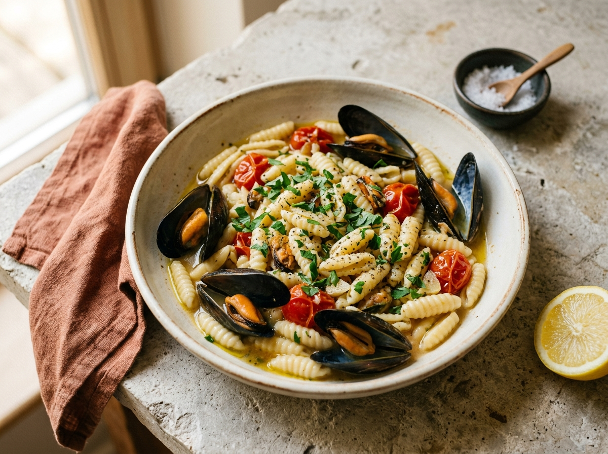 Bowl of cavatelli e cozze with open mussel shells, cherry tomatoes, parsley, and olive oil broth on a stone surface