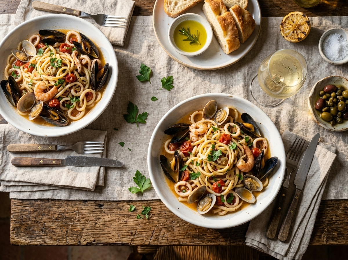 Two bowls of scialatielli ai frutti di mare with a glass of white wine on a linen-covered table