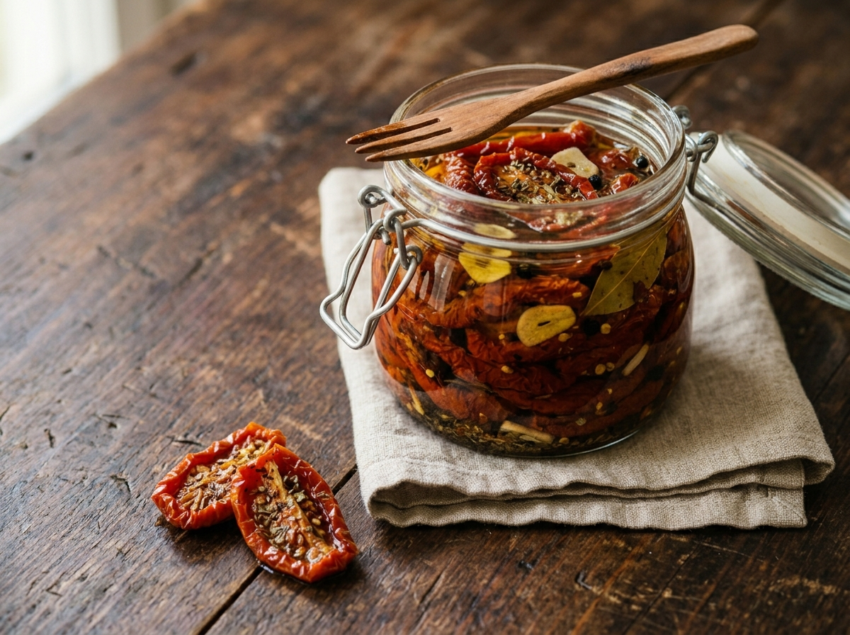 Glass jar of pomodori secchi sott'olio with garlic and bay leaves, with dried tomato halves on a white plate beside it