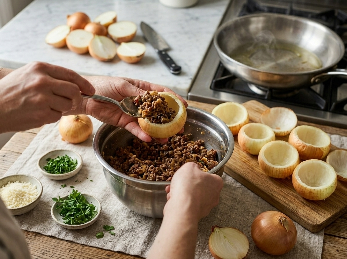 Spooning savory ground meat and bread filling into blanched onion shell halves on a marble counter