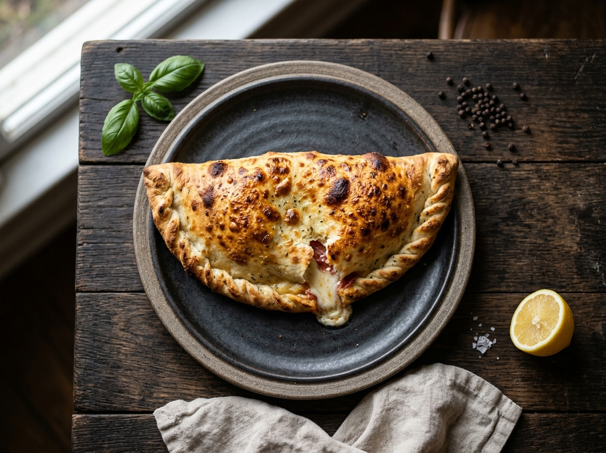 Baked calzone napoletano cut open showing ricotta, mozzarella, and salami filling on dark slate surface