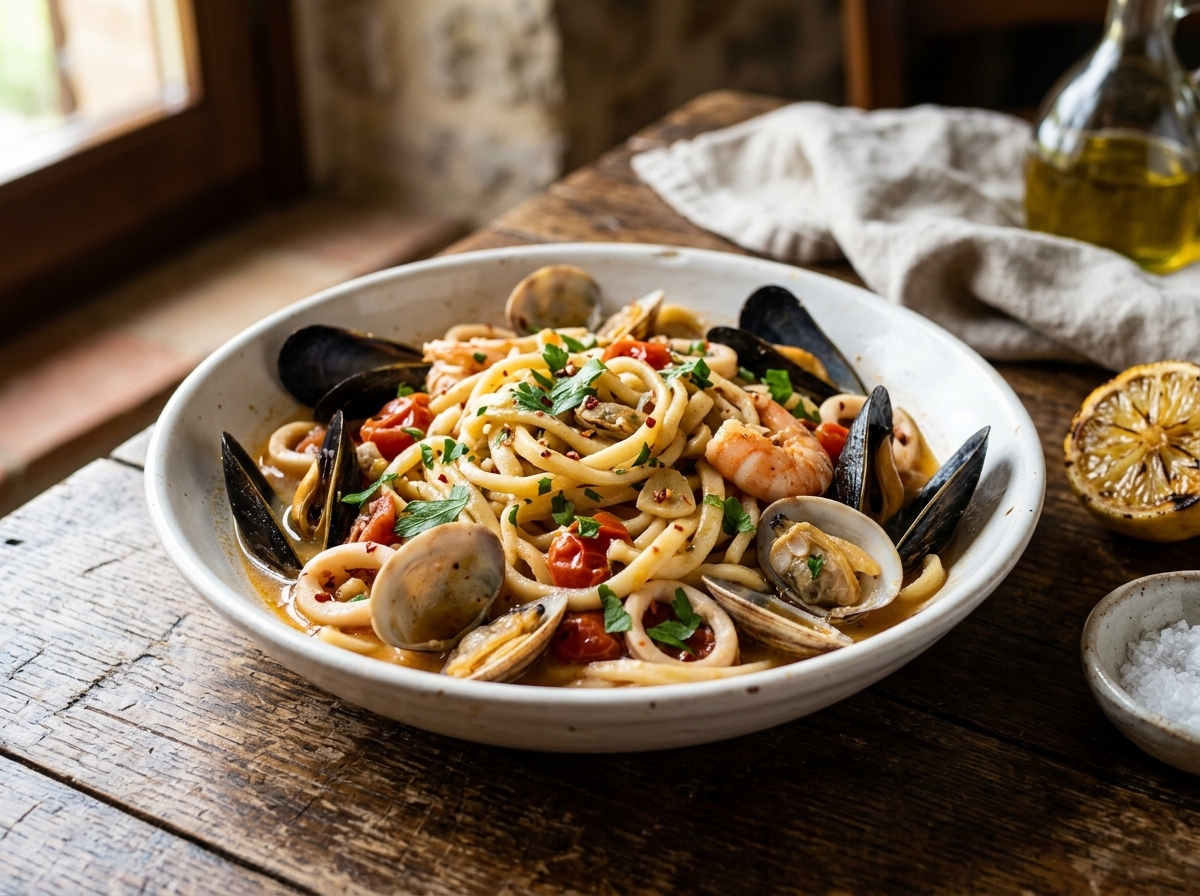 Scialatielli ai frutti di mare in a white bowl with mussels, clams, shrimp, squid, parsley, and lemon on wood