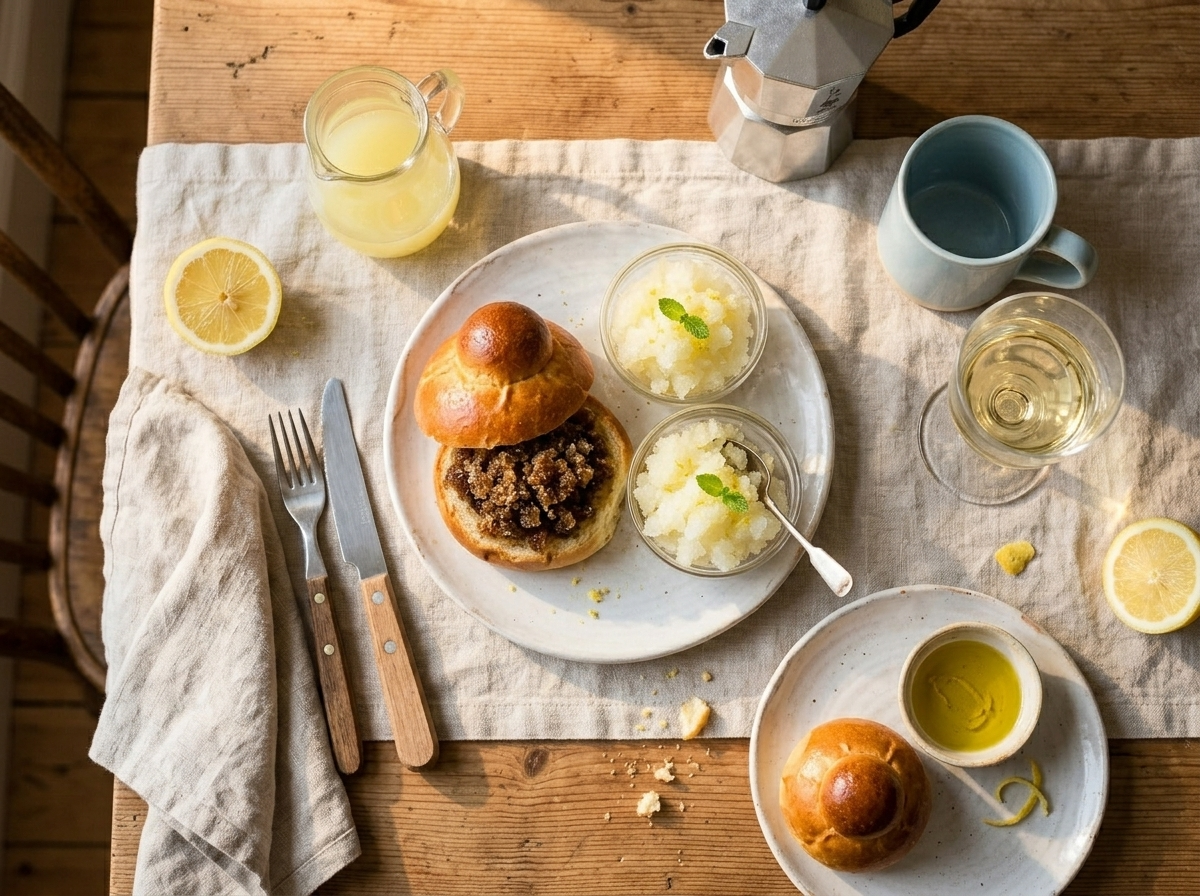 Top-down view of brioche col tuppo filled with coffee granita beside a moka pot on a linen tablecloth