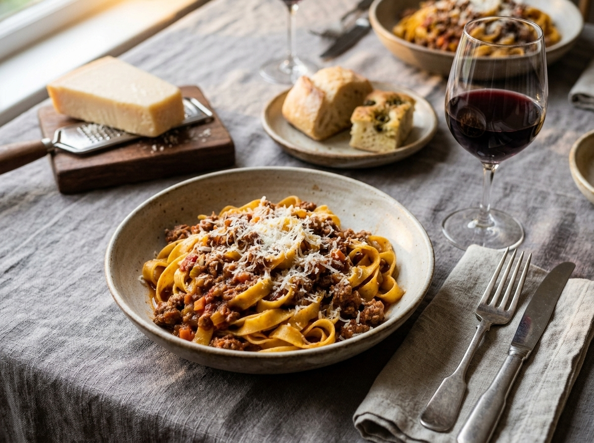Two bowls of tagliatelle bolognese on a linen table with Parmigiano and a glass of red wine