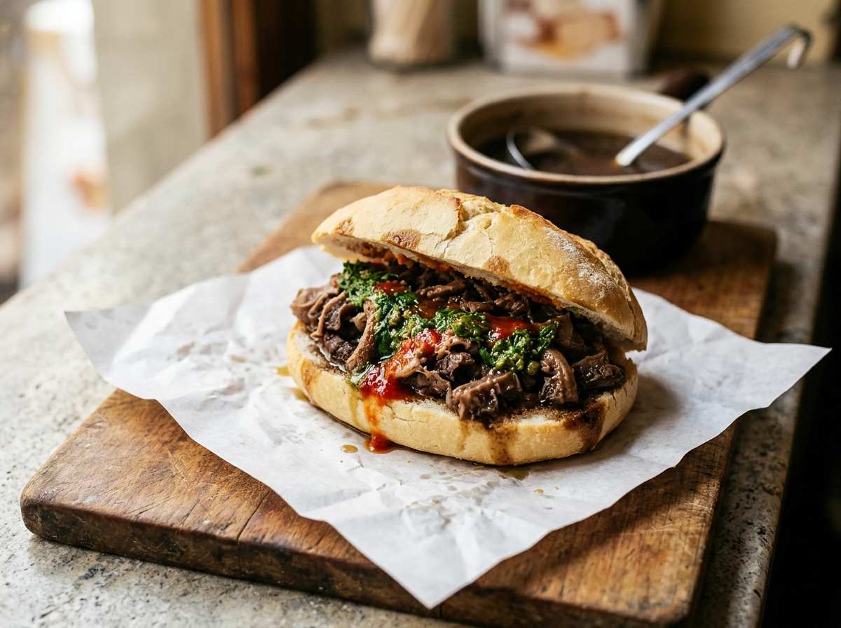 Lampredotto fiorentino sandwich open on butcher paper showing tender tripe strips, salsa verde, and red chili sauce on a wooden board