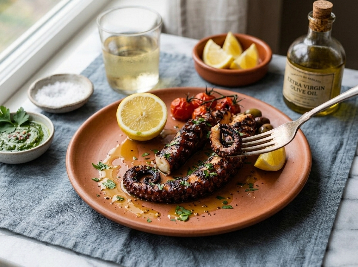 Polpo alla griglia plated on terracotta with white wine and lemon wedges in warm afternoon light