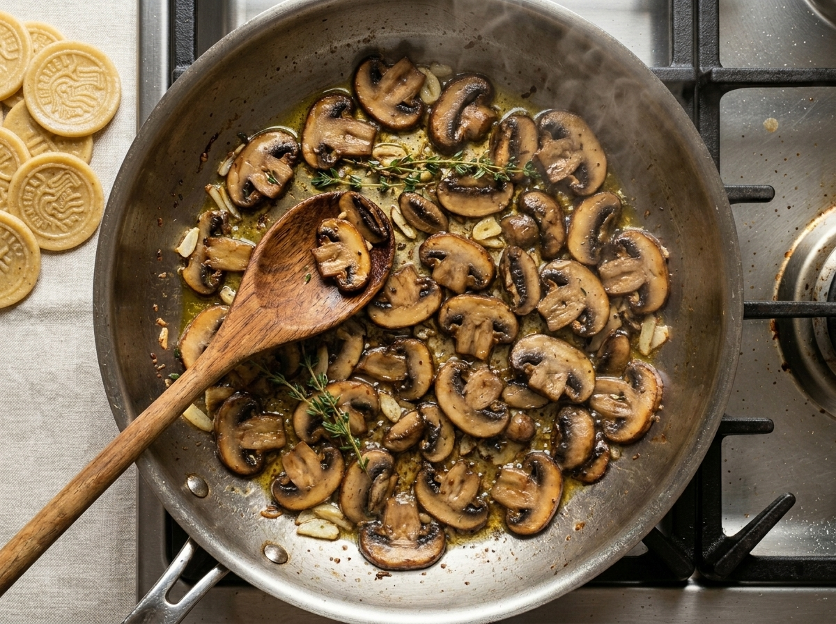 Sliced cremini mushrooms browning in olive oil with garlic and thyme in a wide skillet for corzetti sauce