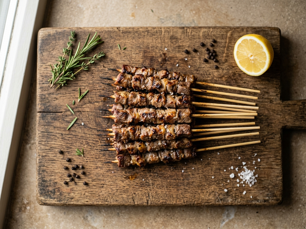 Arrosticini abruzzesi lamb skewers with charred grill marks on a wooden board with coarse salt and rustic bread
