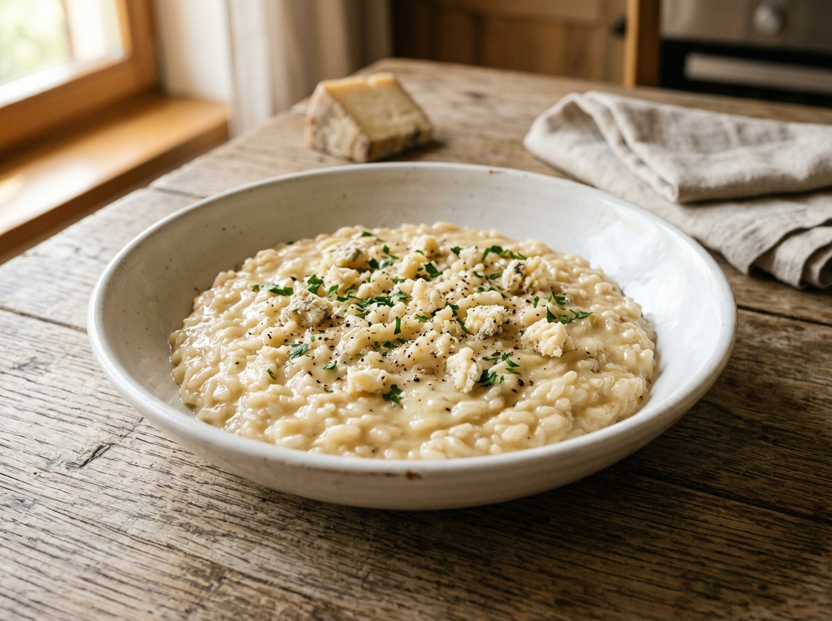 Shallow bowl of Risotto al Castelmagno with melted cheese and crumbles on an oak wooden surface