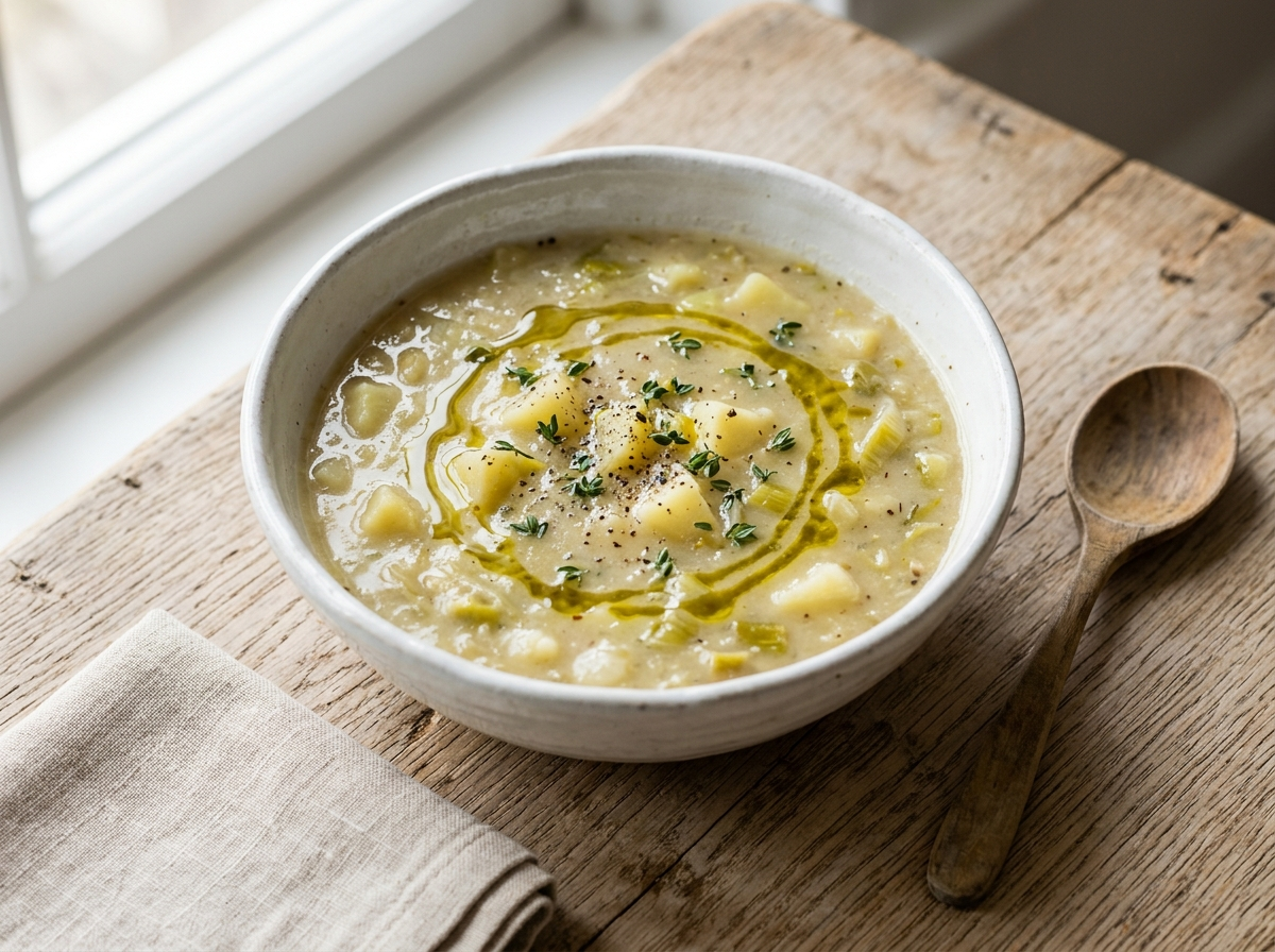 White ceramic bowl of Italian leek and potato soup with olive oil drizzle, thyme leaves, and chunky potatoes on oak surface