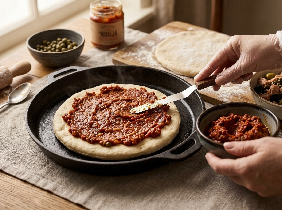 Hands spreading nduja over raw pitta calabrese dough in a baking pan before adding the tuna filling