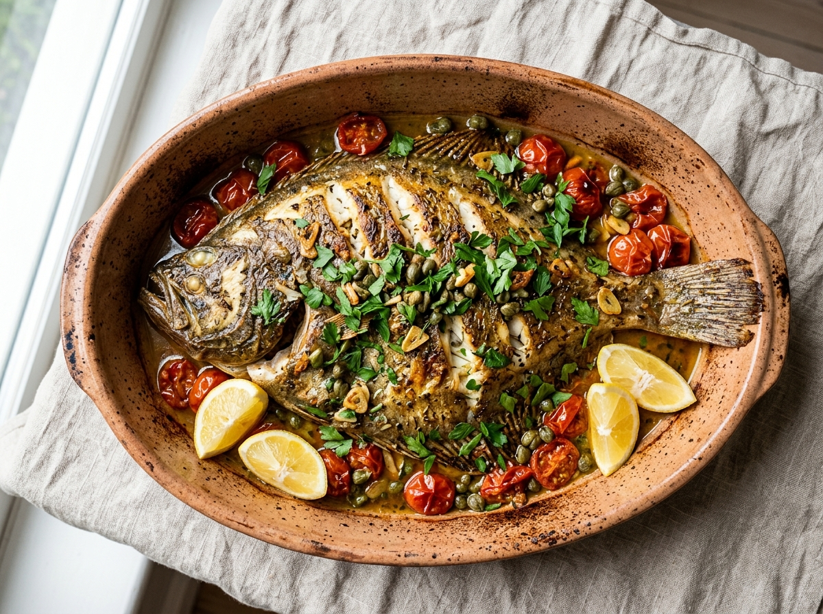 Whole rombo al forno in a terracotta dish with cherry tomatoes, capers, and fresh parsley on a linen cloth
