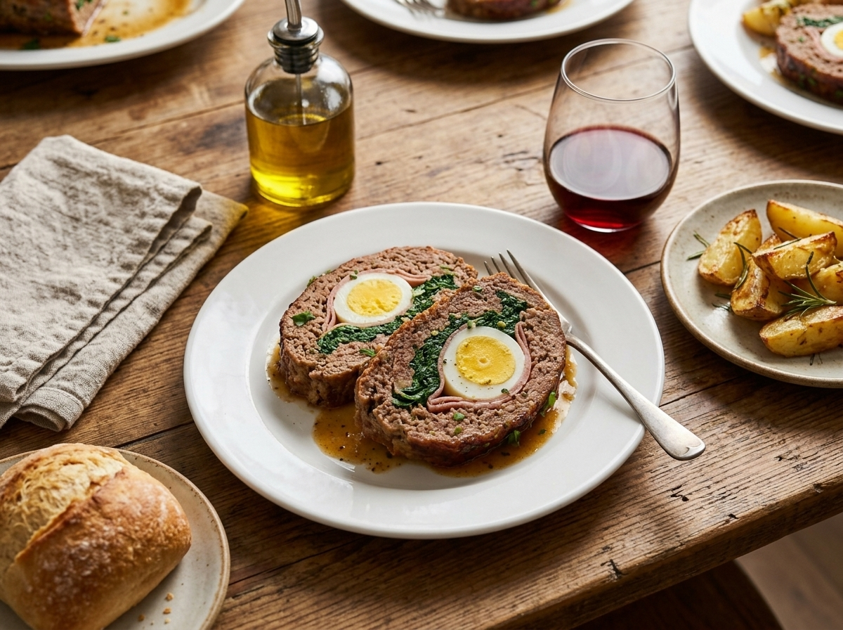 Two plated slices of Italian stuffed meatloaf with egg and spinach cross-section, tomato sauce, and roasted potatoes