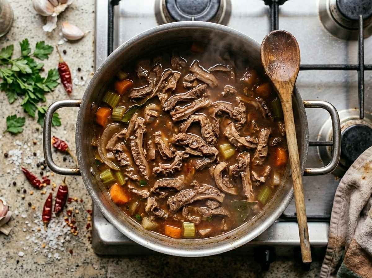 Sliced lampredotto simmering in dark tomato broth with chunky vegetables in a heavy saucepan on a gas stovetop