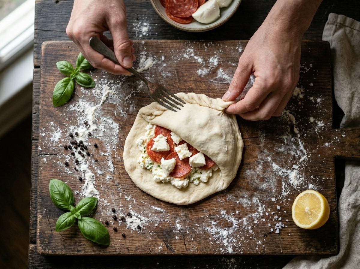 Hands crimping the edge of a folded calzone dough on a flour-dusted wooden board before baking