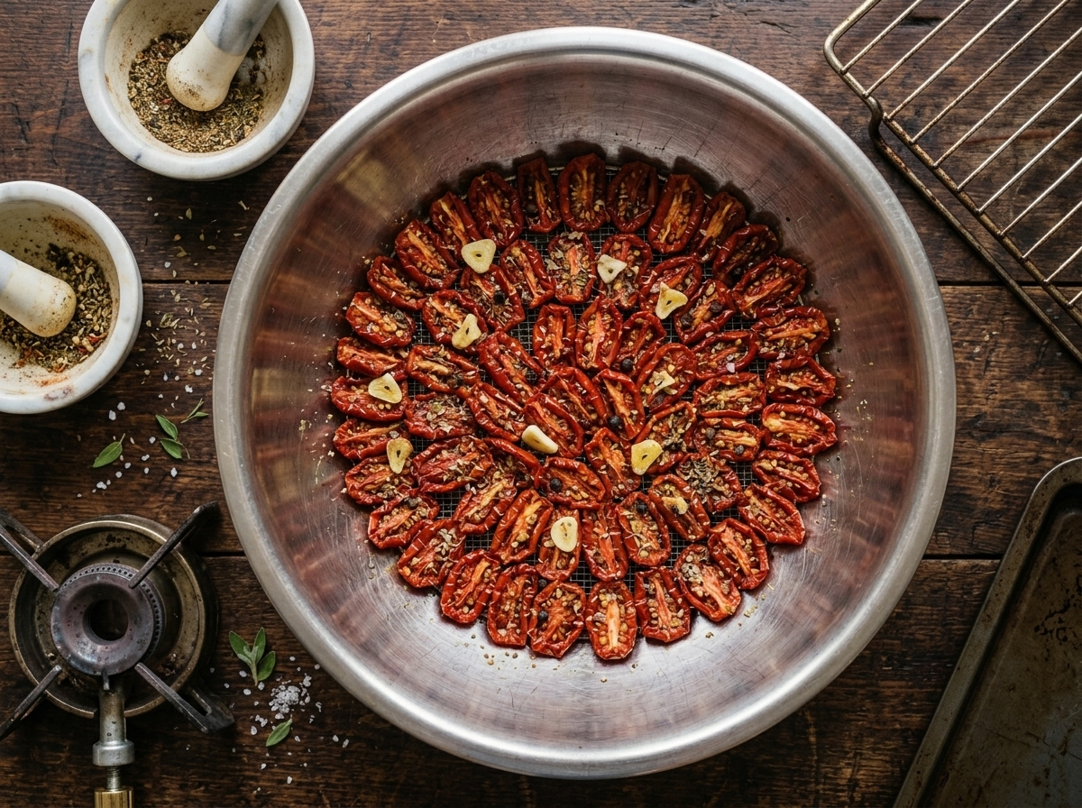 Halved plum tomatoes salted and seasoned with oregano, arranged cut-side up on a wire rack ready for oven drying