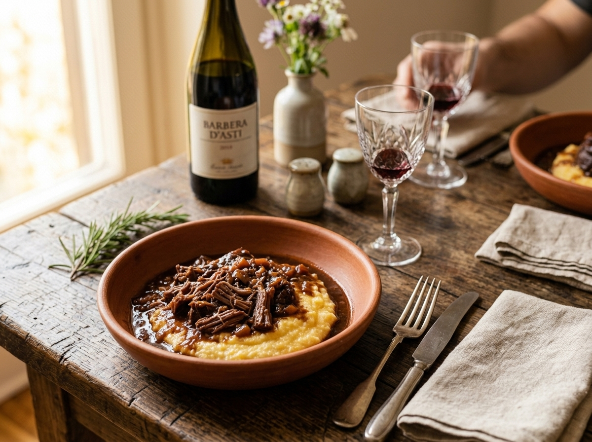 Pulled Italian red wine braised beef over soft polenta in a shallow bowl with glossy sauce on a wooden table