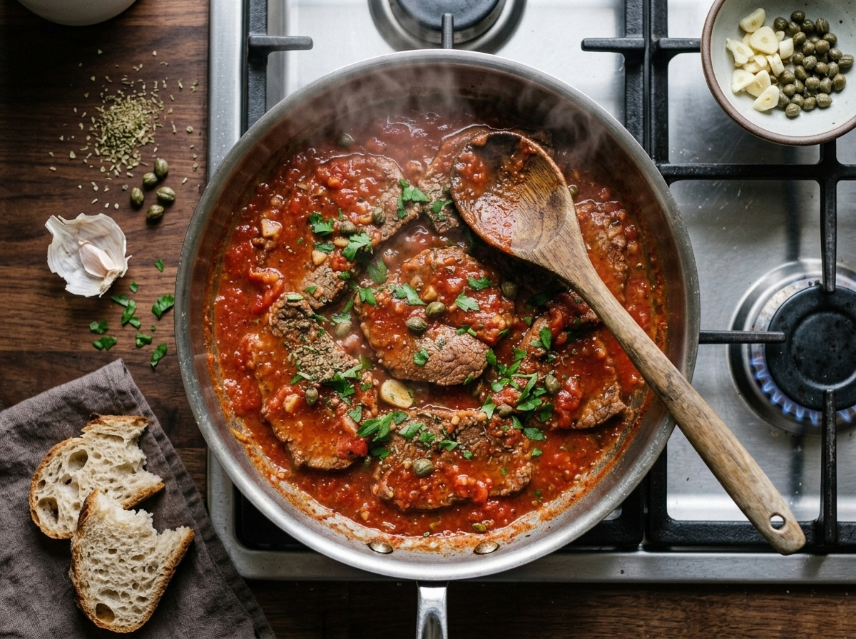 Thin beef slices simmering in bright red pizzaiola sauce in a skillet, wooden spoon stirring the garlic-tomato base