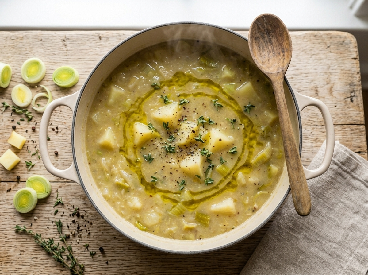 Sliced leeks and diced potatoes simmering in golden vegetable broth inside a cream Dutch oven on the stovetop