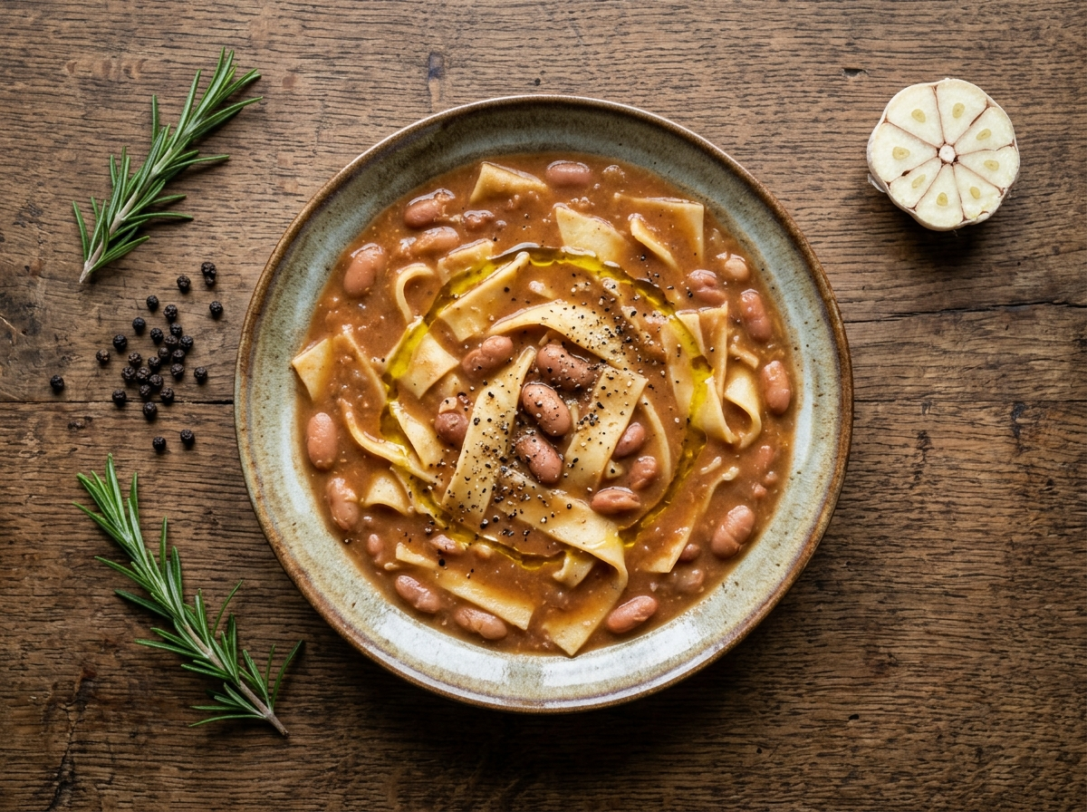 Bowl of sagne e fagioli showing wide pasta strips, borlotti beans, and thick tomato broth finished with olive oil