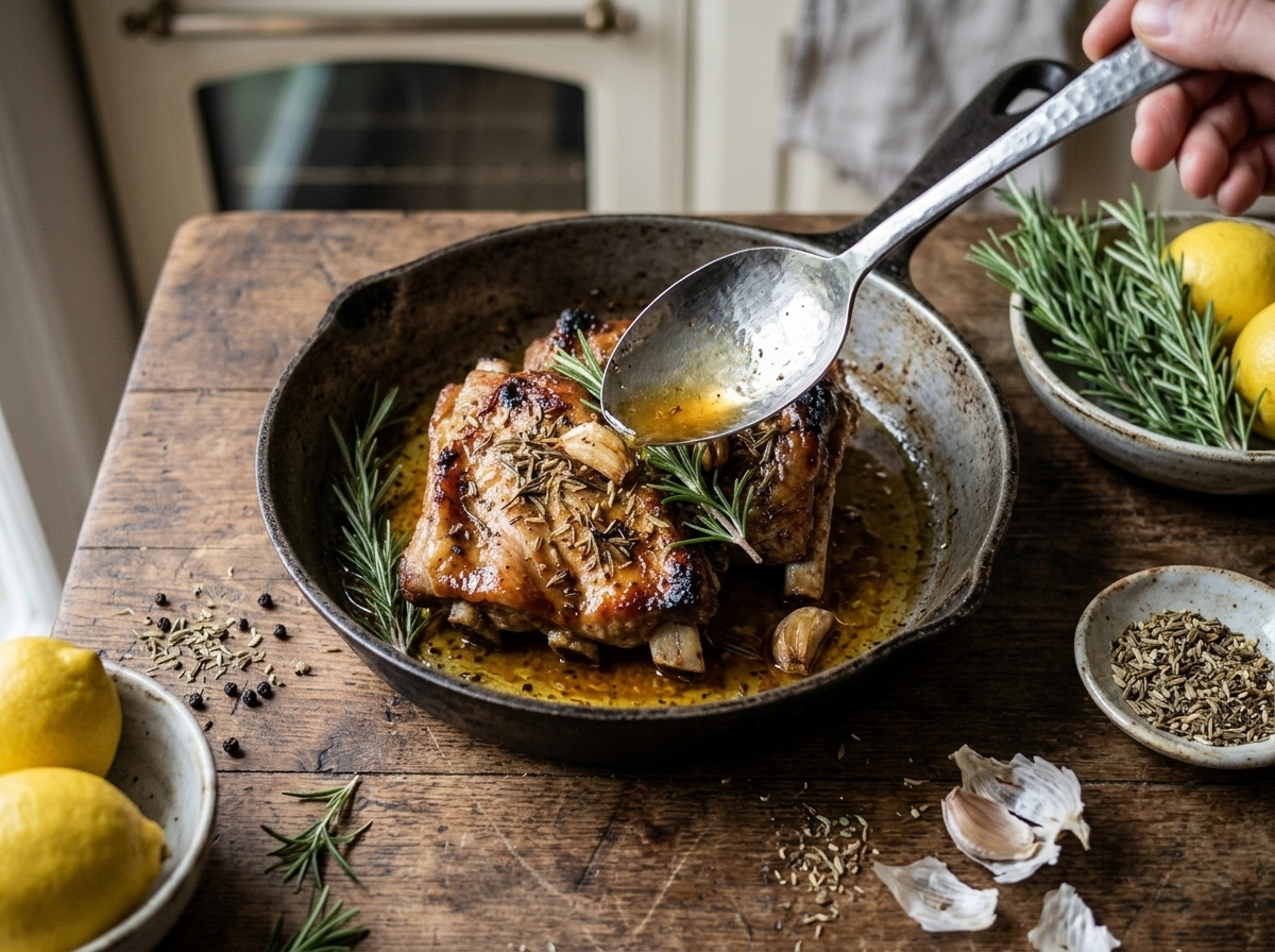 Basting slow-roasted Italian pork ribs with pan juices mid-cook, golden crust forming in the roasting pan