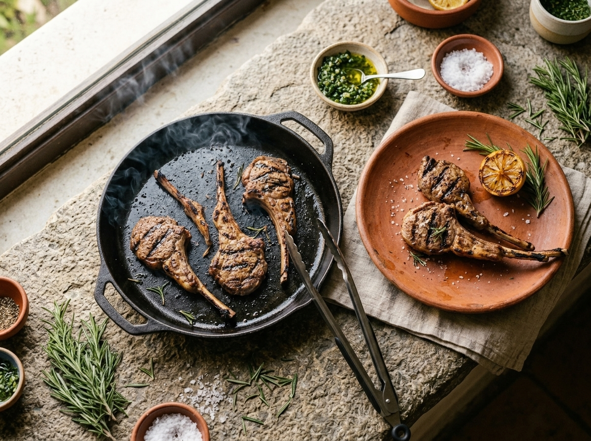 Thin lamb rib chops sizzling on a cast-iron griddle pan with visible char marks and rosemary from the marinade