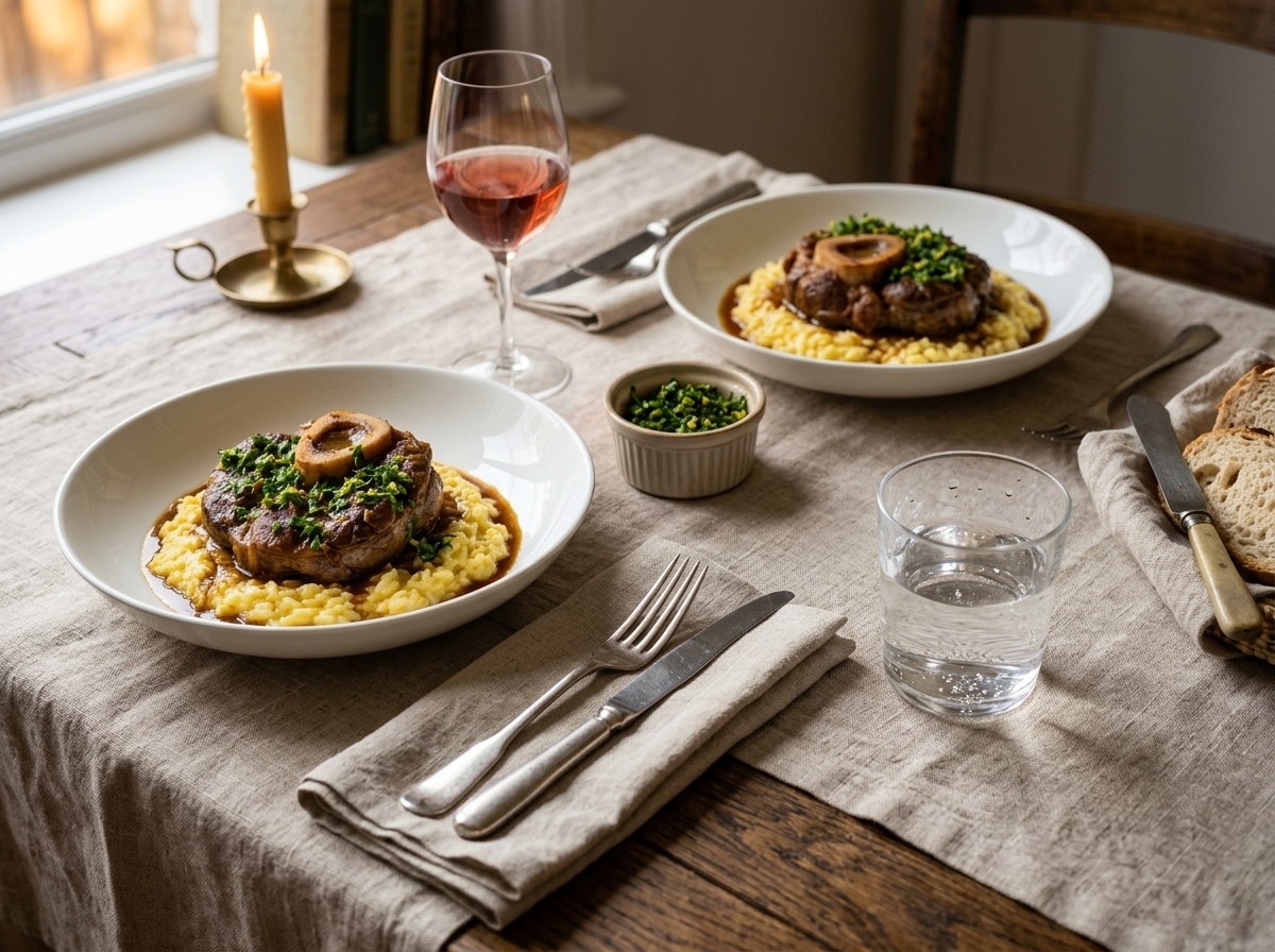 Two ossobuco alla Milanese portions over polenta with a glass of red wine and gremolata on a linen table