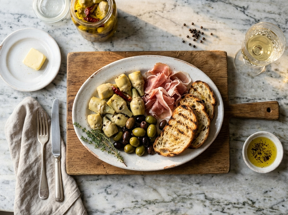 Antipasto board with carciofini sott'olio, prosciutto, olives, and grilled bread on a rustic wooden surface