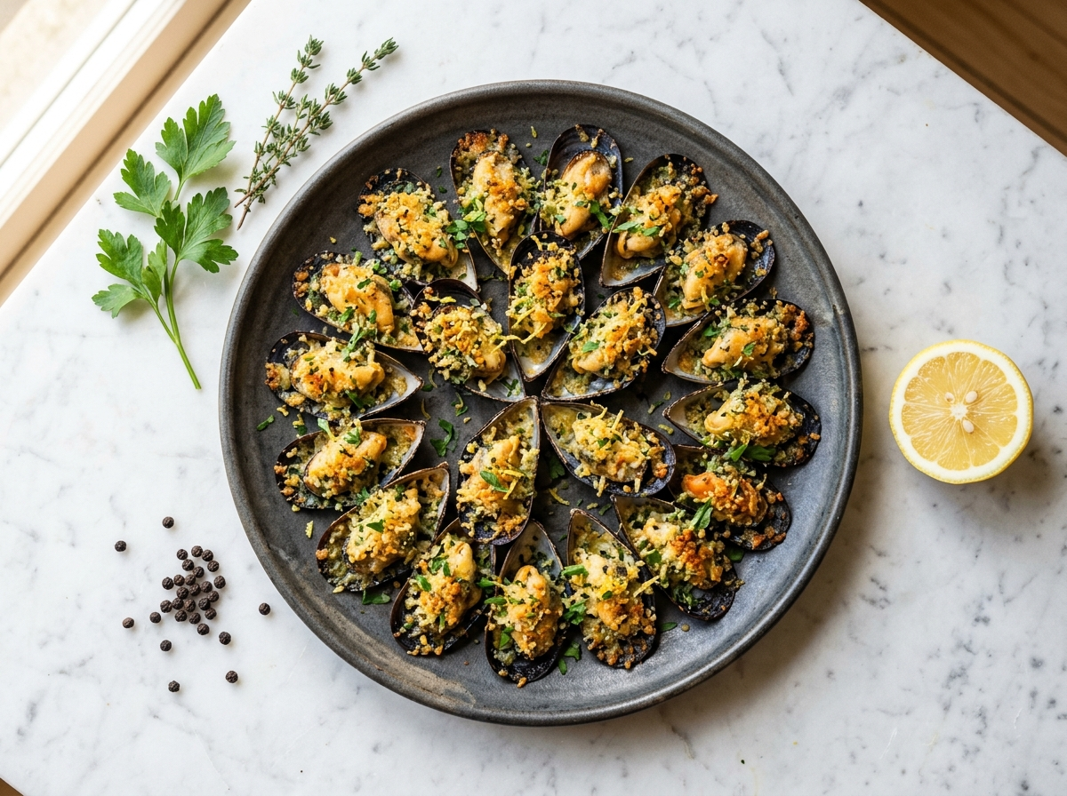Cozze gratinate on a dark ceramic platter showing golden herb breadcrumb crust on half-shell mussels with lemon wedges