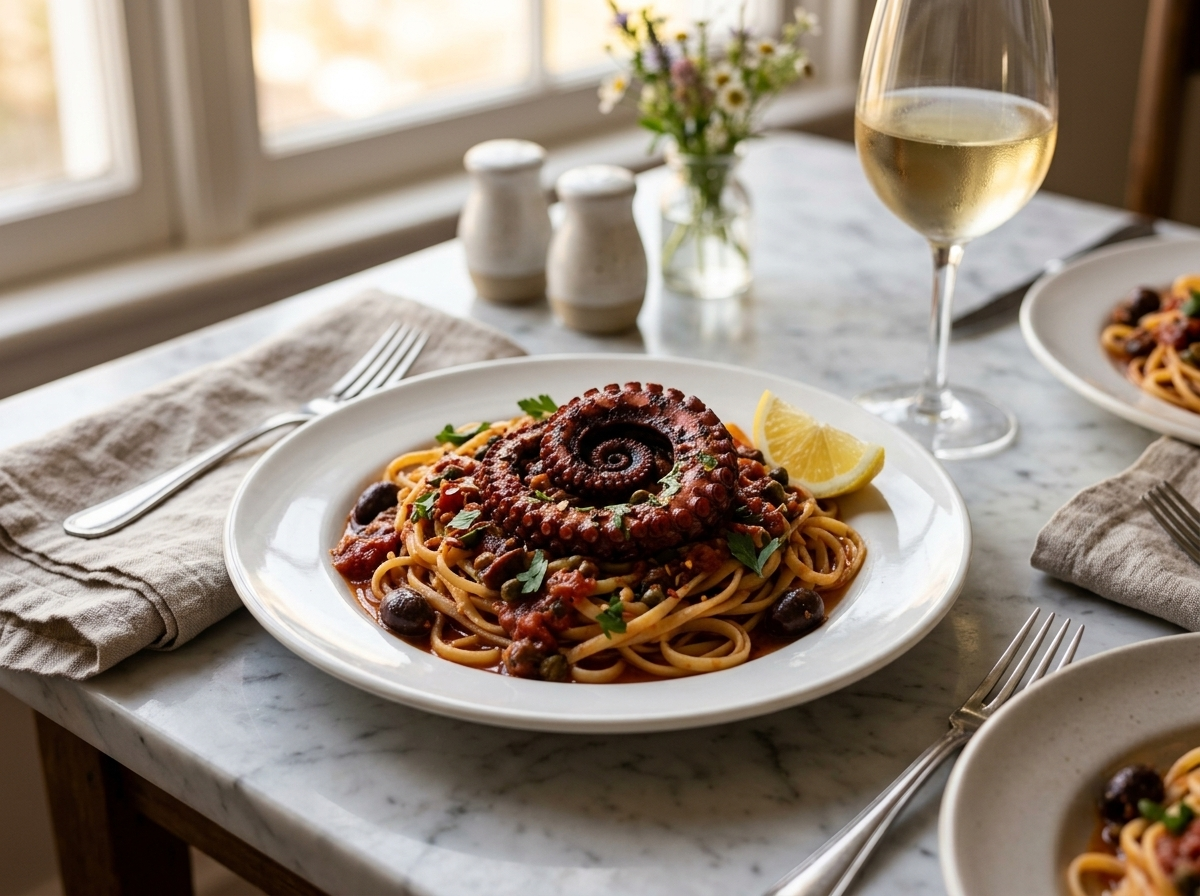 Polpo alla Luciana tossed with linguine on a white plate, glass of white wine and lemon wedge alongside on marble surface.